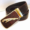 Men's leather belt with automatic buckle featuring a leopard sports car design by MANDOTOS, showcasing a stylish and bold accessory.