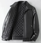 Men's autumn-winter leather sports jacket by MANDOTOS, featuring a sleek design with zipper closure and ribbed cuffs.