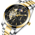 Men's business mechanical watch by MANDOTOS showing a sleek black dial with silver hour markers and a stainless steel strap.