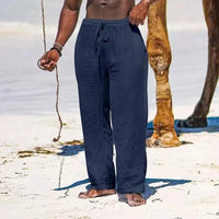 Mandotos men's casual cotton linen pants with elastic waist and streetwear style, shown in a relaxed fit with versatile design.