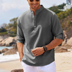 Men's casual long sleeve shirt by MANDOTOS with stand collar and solid color, suitable for everyday men's clothing style.