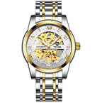 Mandotos men's fashion automatic mechanical hollow watch with waterproof design, featuring a sleek dial and stylish watch band.
