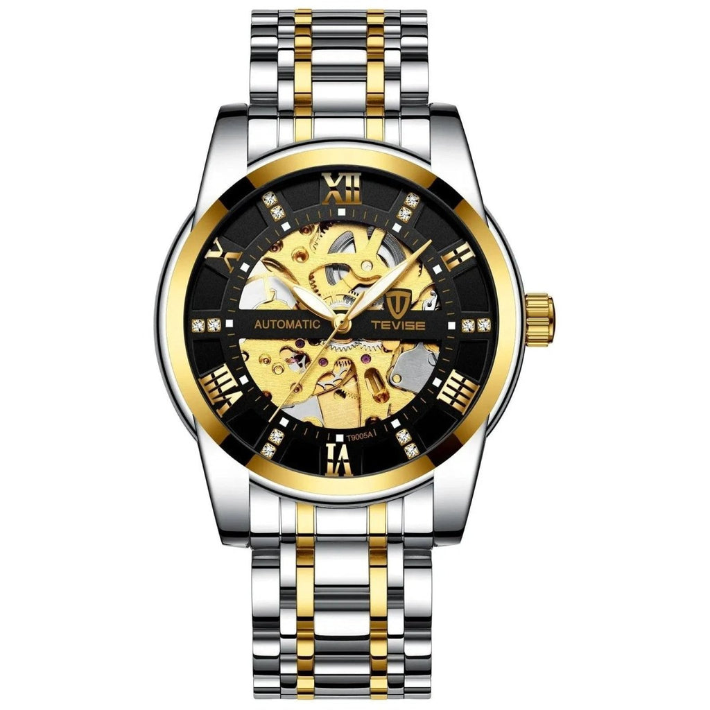 Mandotos men's fashion automatic mechanical watch with hollow design, waterproof features, and stylish dial.