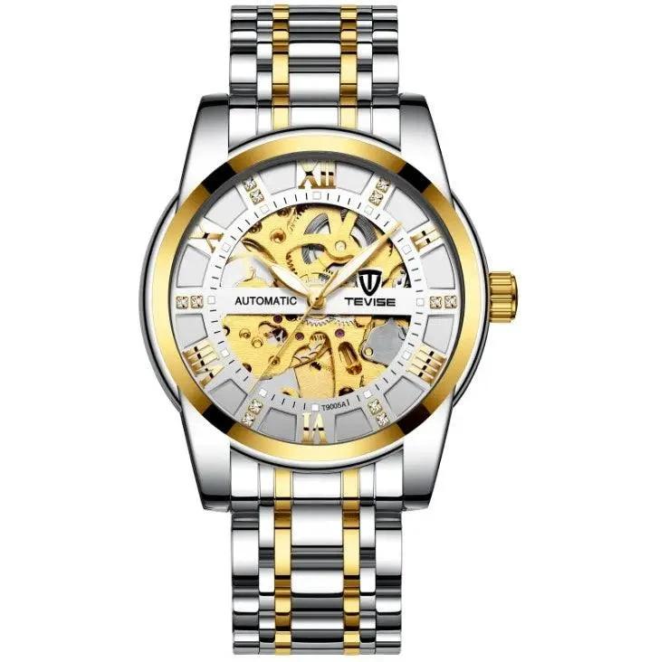 Mandotos men's fashion automatic mechanical watch with hollow design, waterproof feature, showcasing a sleek, stylish timepiece.