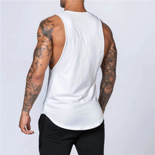 Mandotos men's sleeveless cotton tank top for gym and fitness, breathable O-neck muscle vest for jogging and bodybuilding.