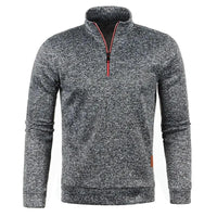 Men's half zipper turtleneck sweatshirt by MANDOTOS, cozy and stylish for fall, shown in a close-up of the dark-colored fabric and zipper.