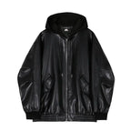 Men's hooded leather jacket by MANDOTOS, featuring a stylish black design with a hood, zipper front, and rugged leather texture.