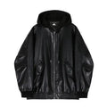 Men's hooded leather jacket by MANDOTOS, black with front zipper and adjustable hood, stylish and durable outerwear for men.