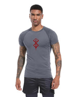 Mandotos men's short sleeve compression rash guard shirt with colorful print, designed for gym workouts and quick-dry athletic performance.