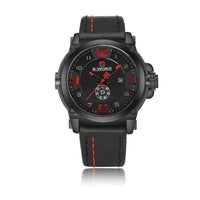 Men's MANDOTOS Quartz Watch with calendar display, water-resistant design, and sleek black strap.