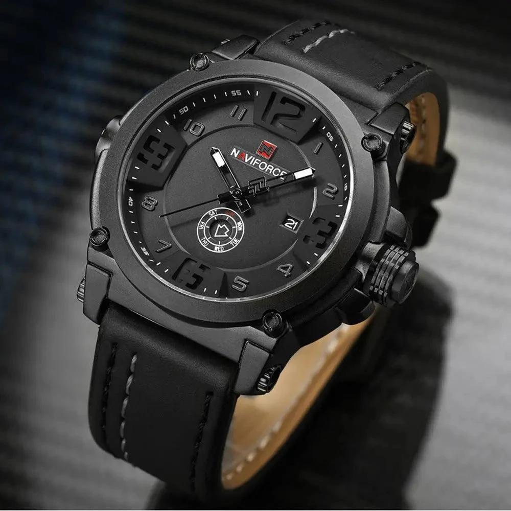 Men's quartz watch by MANDOTOS with calendar display, water-resistant design, black strap, and round dial showing time and date.