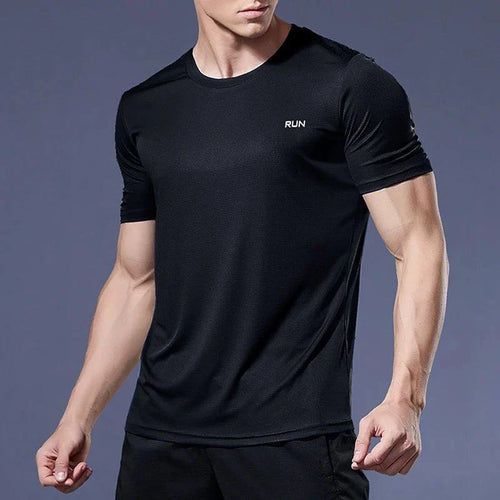 Men's quick dry compression fitness t-shirt by MANDOTOS, shown in navy blue, designed for gym workouts and activewear.