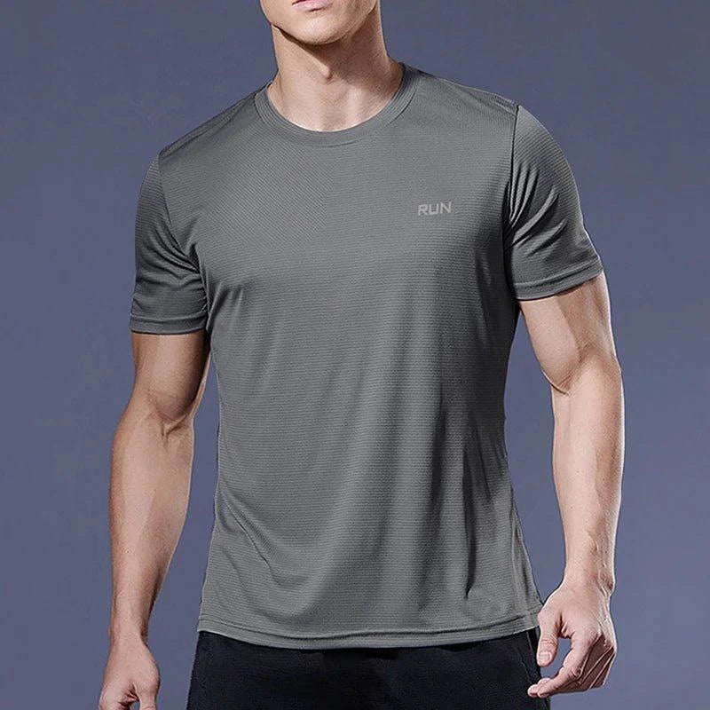 Men's quick dry compression fitness T-shirt by MANDOTOS, showing a close-up of the lightweight, moisture-wicking fabric and athletic fit.