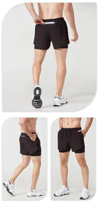 Mandotos men's black running shorts with double-layer design, quick-drying fabric, suitable for fitness, sport, and workout training.