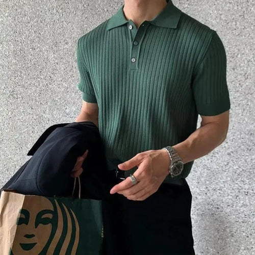 Men's textured knit lapel polo shirt by MANDOTOS, featuring a classic collar and stylish knit pattern, ideal for casual wear.