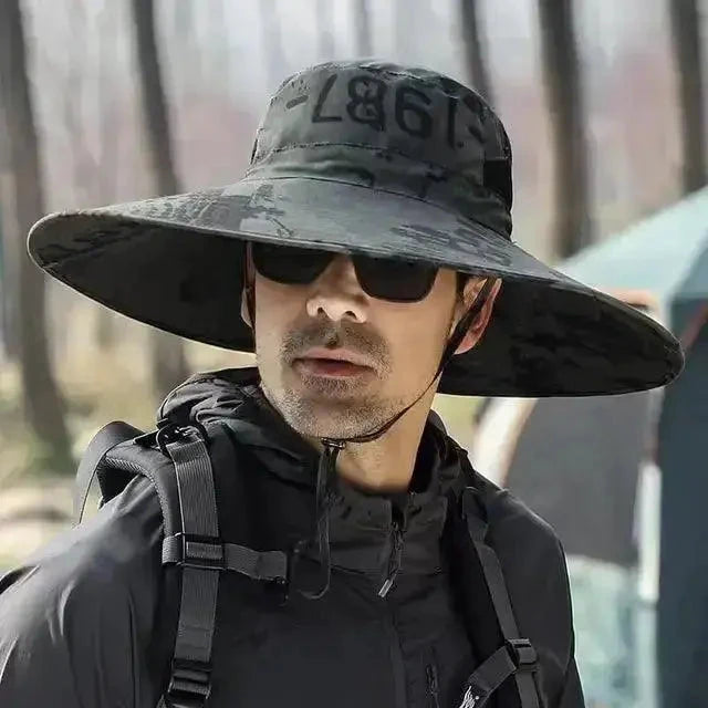 Men's wide brim sun protection hat by MANDOTOS featuring a durable fabric and adjustable strap for outdoor sun shading.