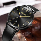 Mandotos men's watch with black leather strap and round silver dial, stylish and elegant timepiece for men