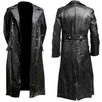 Mandotos Midnight Leather Trench coat shown on a model, featuring sleek black leather, classic collar, and stylish silhouette.