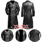 Black Midnight Leather Trench coat by MANDOTOS, featuring a sleek design and classic silhouette, shown on a hanger.