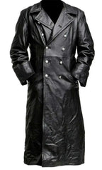 Mandotos Midnight Leather Trench coat displayed on a model, featuring sleek black leather with stylish lapels and a tailored fit.