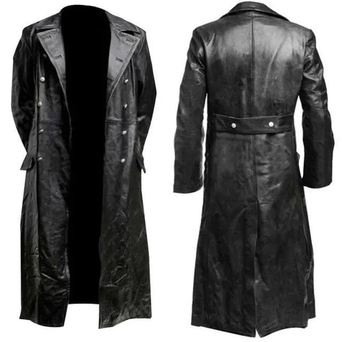 Mandotos Midnight Leather Trench coat shown on a mannequin, featuring sleek black leather with classic trench design and adjustable belt