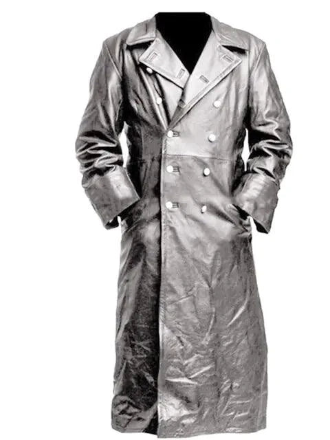 Mandotos Midnight Leather Trench coat displayed on a hanger, showcasing sleek black leather with a classic trench silhouette.