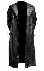Mandotos Midnight Leather Trench coat displayed on a hanger, featuring sleek black leather and classic trench design.