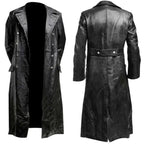 Mandotos Midnight Leather Trench coat featuring sleek black leather and classic design with a tailored fit.