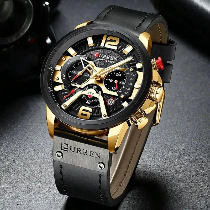 Mandotos military leather chronograph wristwatch with black dial, stainless steel case, and leather strap.