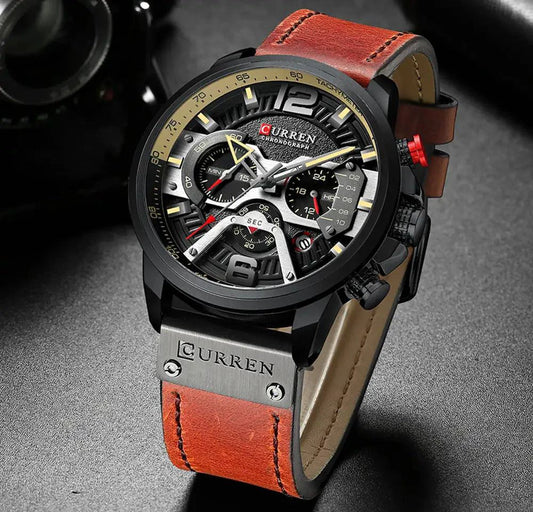Mandotos military leather chronograph wristwatch with black dial, silver case, and tactical strap for rugged style and precision.