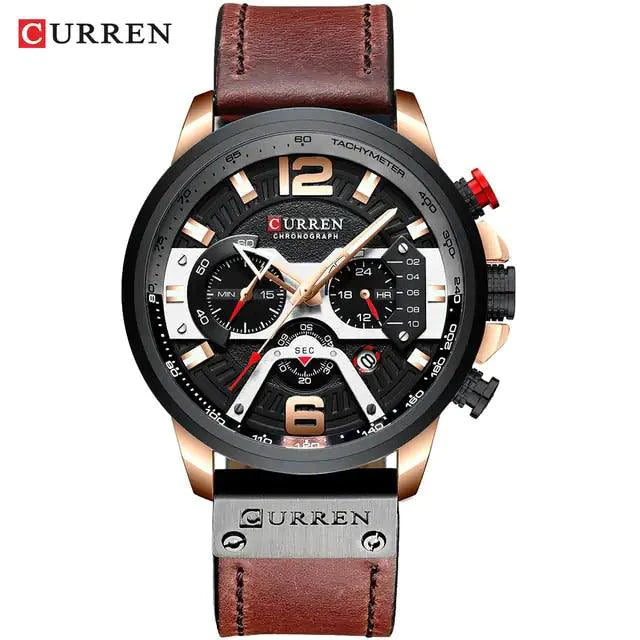 Mandotos military leather chronograph wristwatch with black dial, stainless steel case, and brown leather strap.