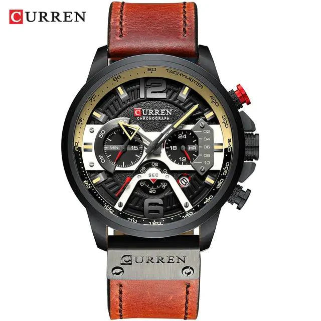 Mandotos military leather chronograph wristwatch with black dial, silver case, and brown leather strap on a display.