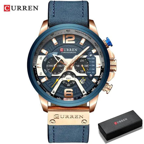Mandotos military leather chronograph wristwatch with black dial and leather strap, featuring multiple subdials and silver accents.