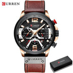 Mandotos military leather chronograph wristwatch with black dial, stainless steel case, and brown leather strap.