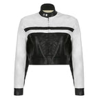Mandotos mosaic leather jacket featuring colorful patchwork, slim fit design, and stylish collar on a model.