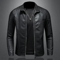 Men's black leather motorcycle jacket by MANDOTOS, featuring a fitted style with zippered pockets and shoulder padding.