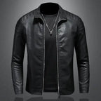 Men's black leather motorcycle jacket by MANDOTOS, featuring a fitted style with zippered pockets and shoulder padding.
