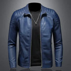 Men's motorcycle leather jacket by MANDOTOS, featuring a sleek black design with zippered pockets and reinforced shoulders.