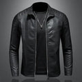 Men's motorcycle leather jacket by MANDOTOS featuring a classic black design with rugged style and zippered pockets.