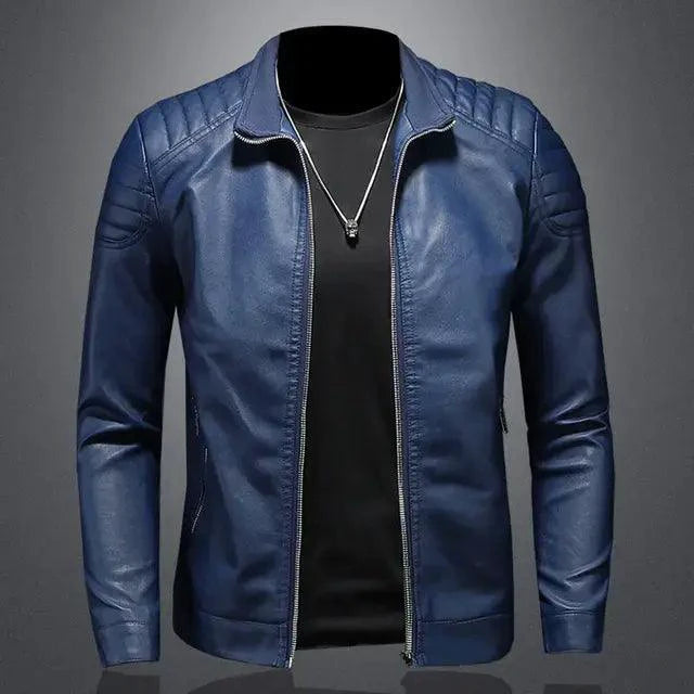 Men's motorcycle leather jacket by MANDOTOS, featuring a classic black design with zipper details and a stylish fit.