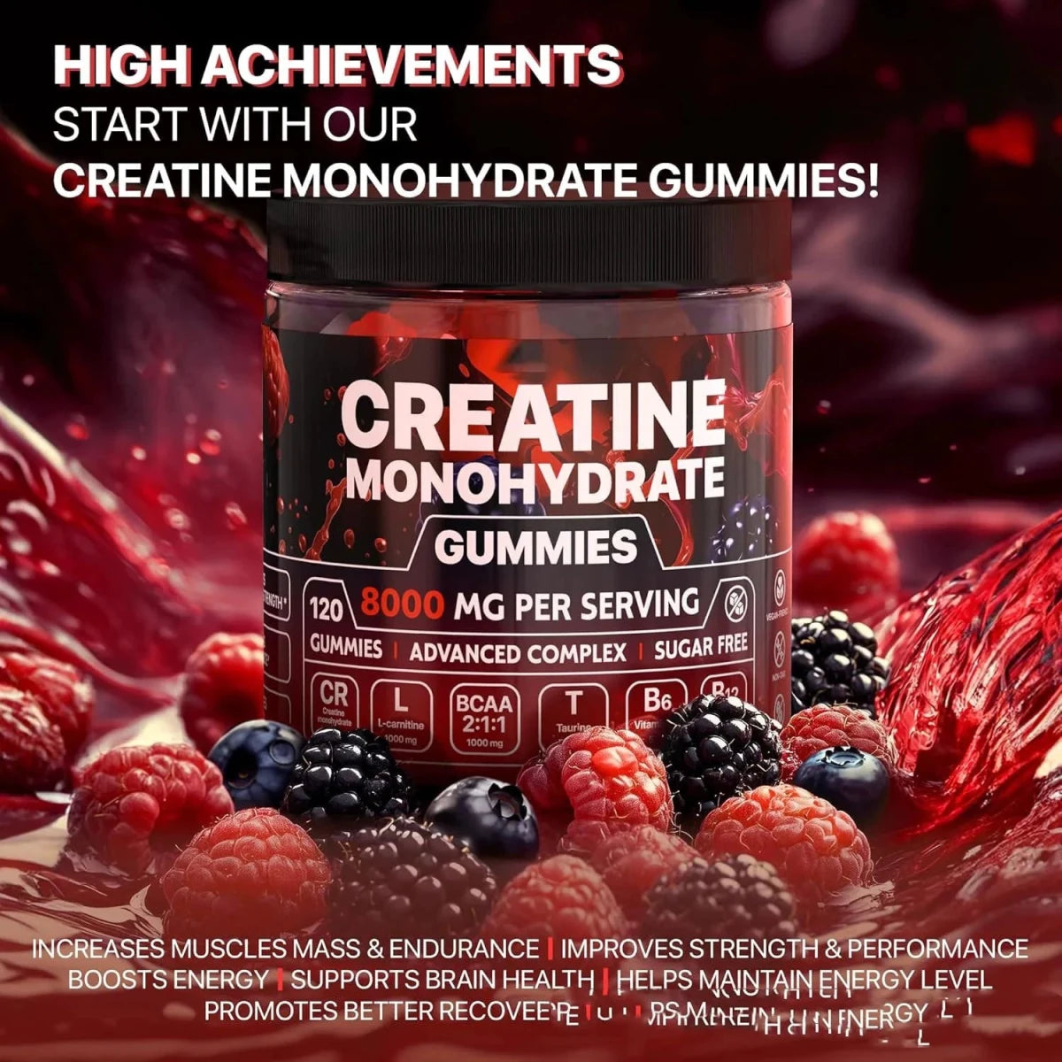 Mandotos Muscle Boost Gummies in a clear bottle, showing vibrant gummy supplements for muscle support and recovery.