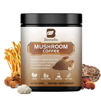 Mandotos Mushroom Coffee with 10 mushroom extract blend for energy and immunity, featuring a brewed cup on a wooden table.