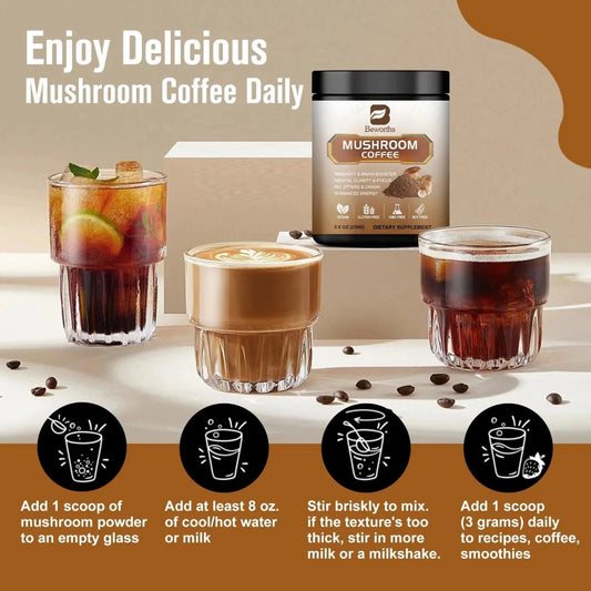 Mandotos Mushroom Coffee with 10 mushroom extract blend for energy and immunity, featuring a brewed cup on a wooden table.