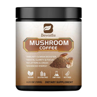 Mandotos Mushroom Coffee with 10 mushroom extract blend, featuring a coffee cup with the mushroom coffee packaging on a table.