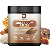 Mandotos Mushroom Coffee featuring a 10-mushroom extract blend for energy and immunity boost, in a coffee cup on a wooden surface