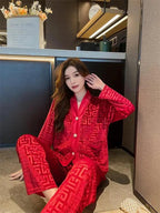 Gold velvet women's pajamas suit by MANDOTOS, featuring a comfortable, luxurious pajama set with long sleeves and matching pants.