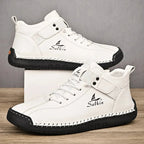 Mandotos handmade leather casual men's sneakers and ankle boots, breathable outdoor shoes with stylish design and comfortable fit.