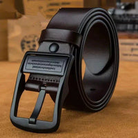 Mandotos men's leather cowhide belt with metal alloy pin buckle, stylish accessory for jeans and casual or business wear.