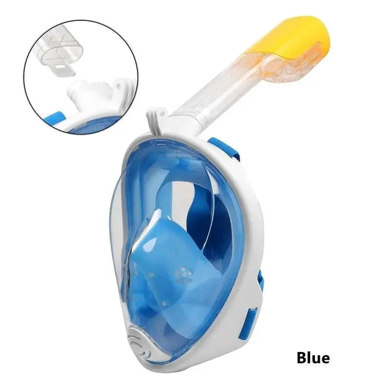 Mandotos OceanView snorkel mask with 180° panoramic lens for clear underwater viewing during snorkeling adventures.