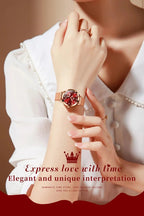 Mandotos OLEVS luxury women's rose gold quartz watch with stainless steel mesh strap and love dial design.